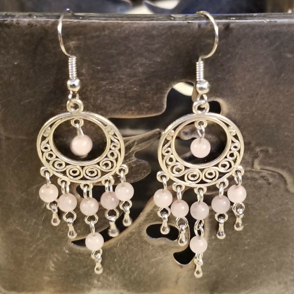 Sterling-Style Pink Bead Filigree Dangle Earrings - Women Jewelry